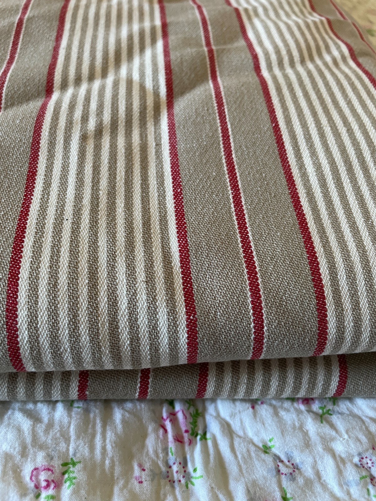 Vintage French Long Length 1980s UNUSED Ticking Stripe Herringbone Fabric 9.7 ft