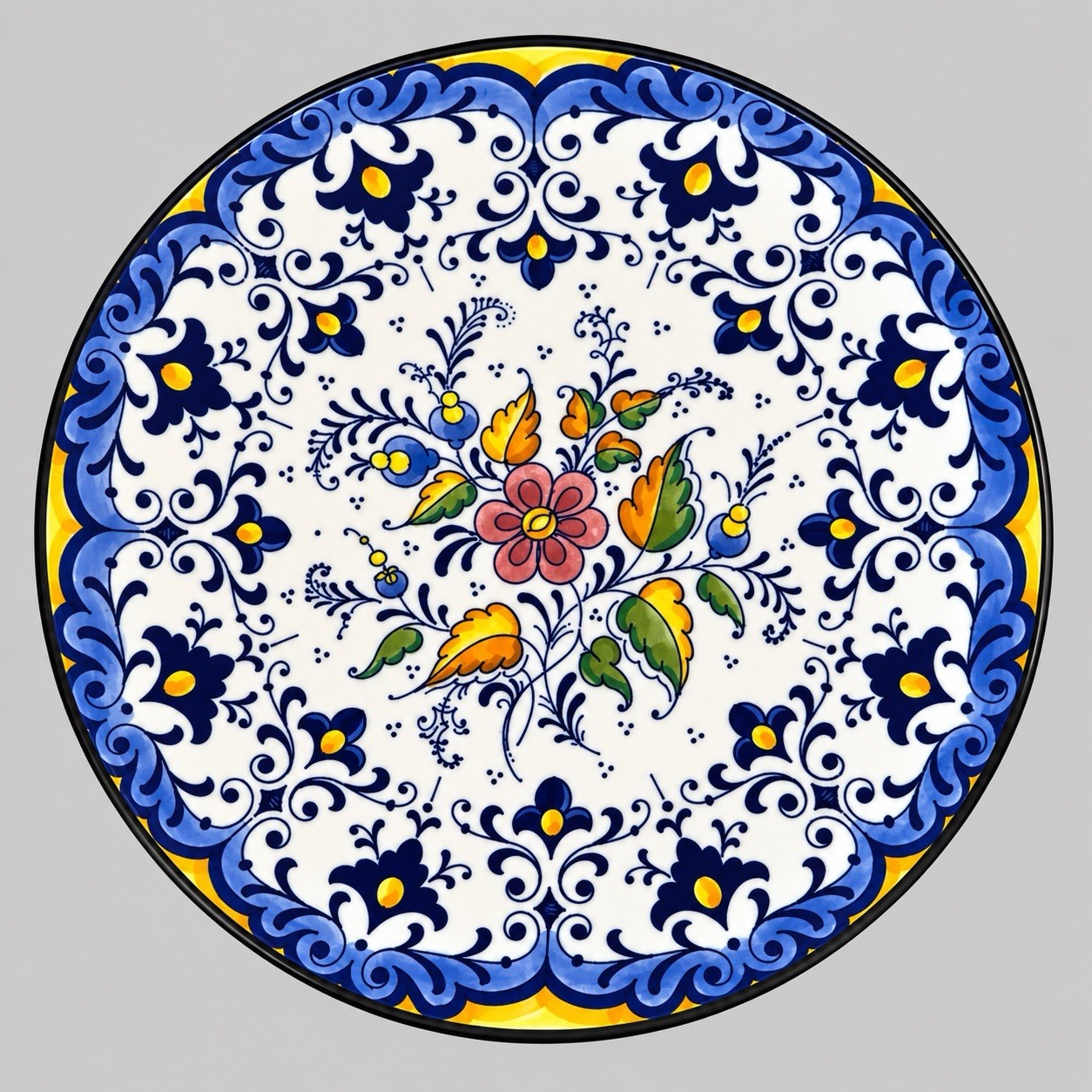 Vintage Ceramar Spain Hand Painted Floral Wall Plate 10.5” Blue Yellow Ceramic