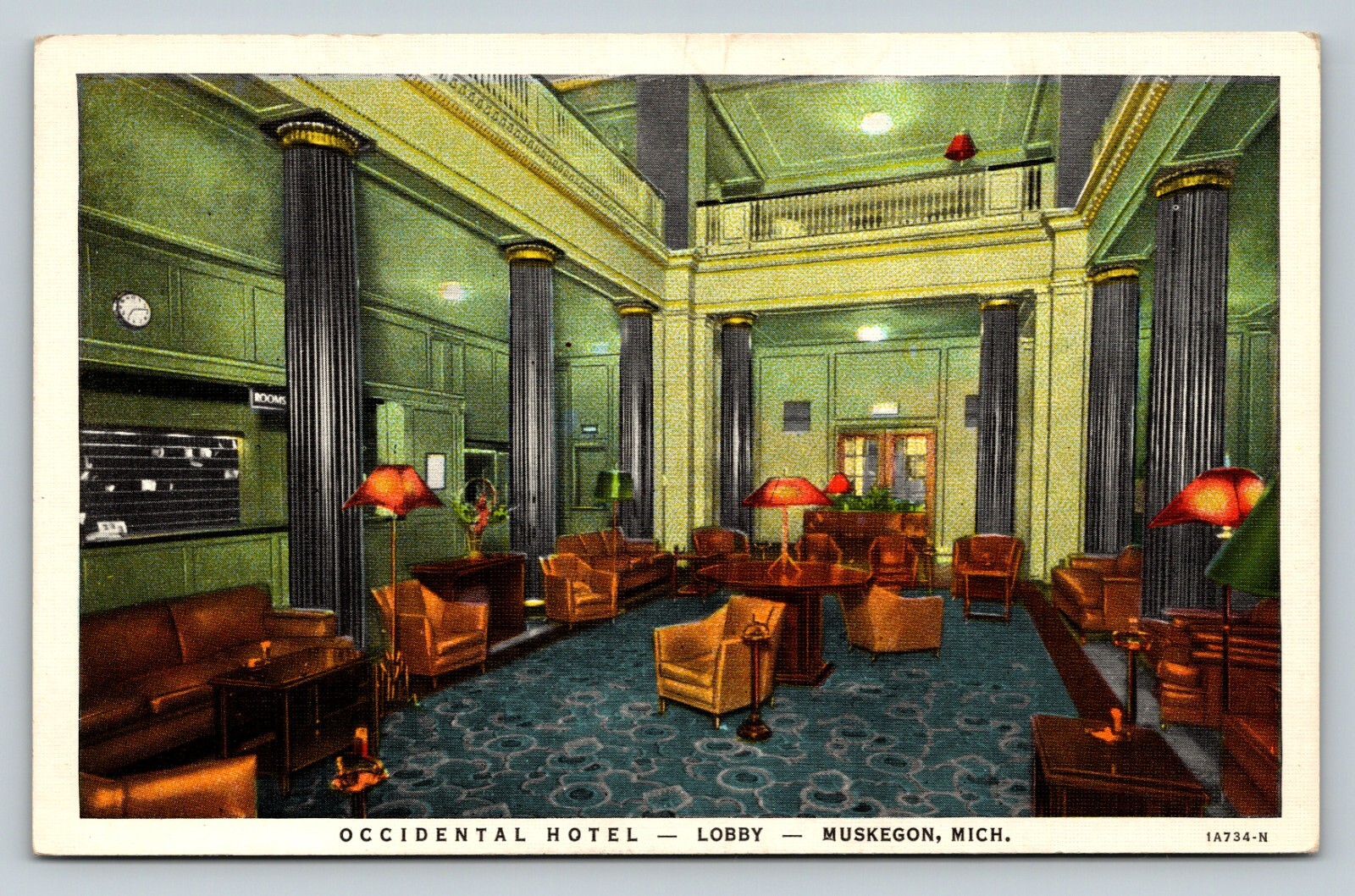 Lobby at Occidental Hotel Muskegon Michigan Vintage Postcard 1860