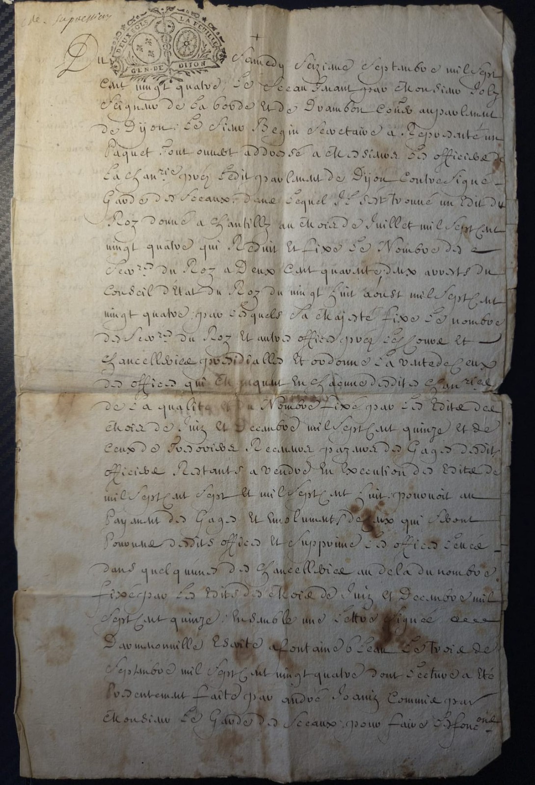 1724 France Dijon 2 Sols Stamped Paper Manuscript Joly de la Borde Signed