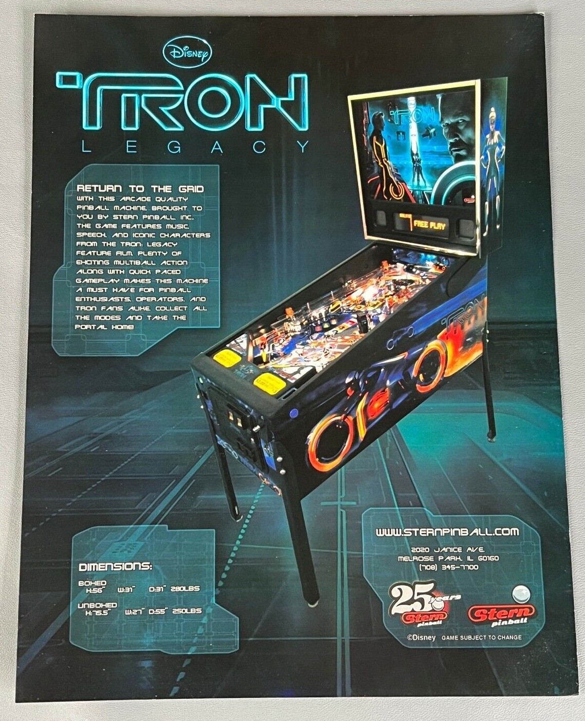 Tron Flyer New NOS PROMO Stern Pinball Machine Art Artwork Retro Disney