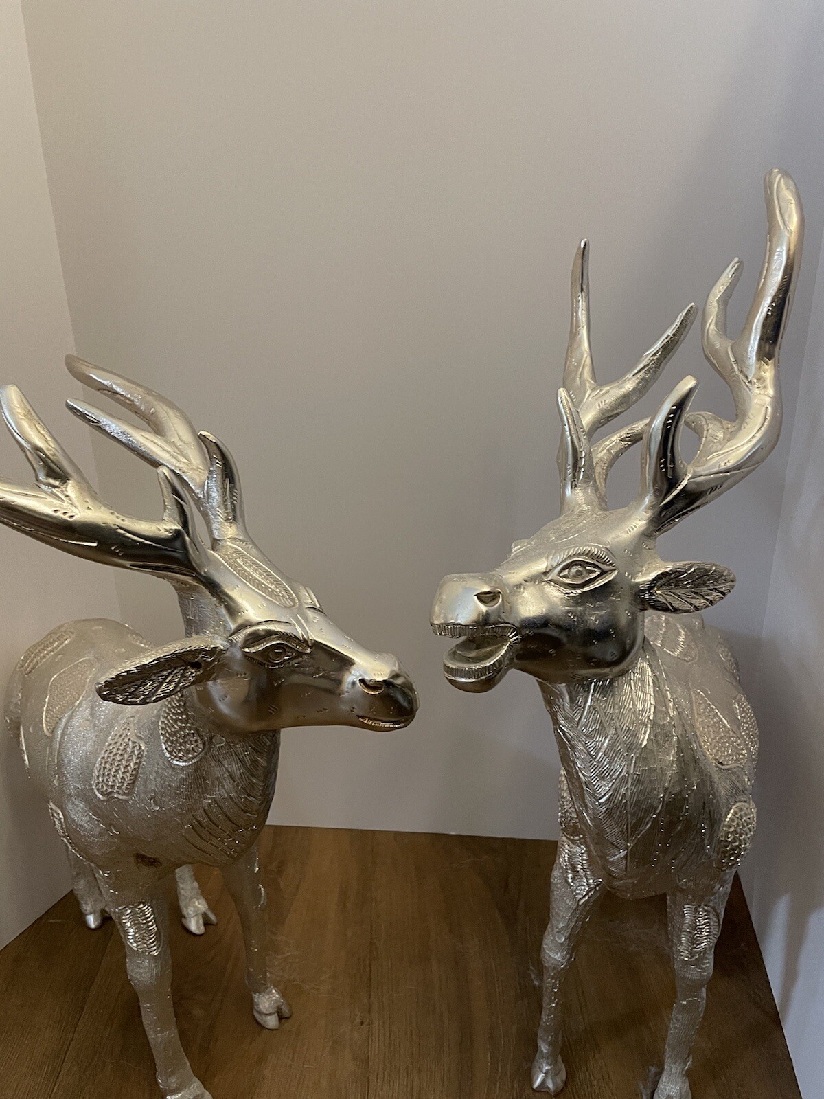 VTG Pair of Detailed Silverplated Deer Heavyweight LargeMetal Statue India Style