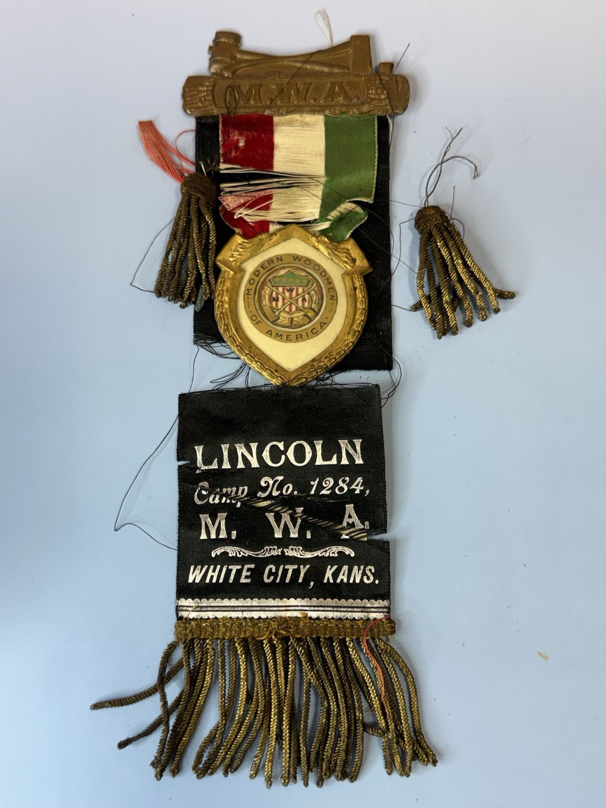 Antique c1900 MWA Modern Woodmen America Badge Ribbon White City Kansas DeMoulin