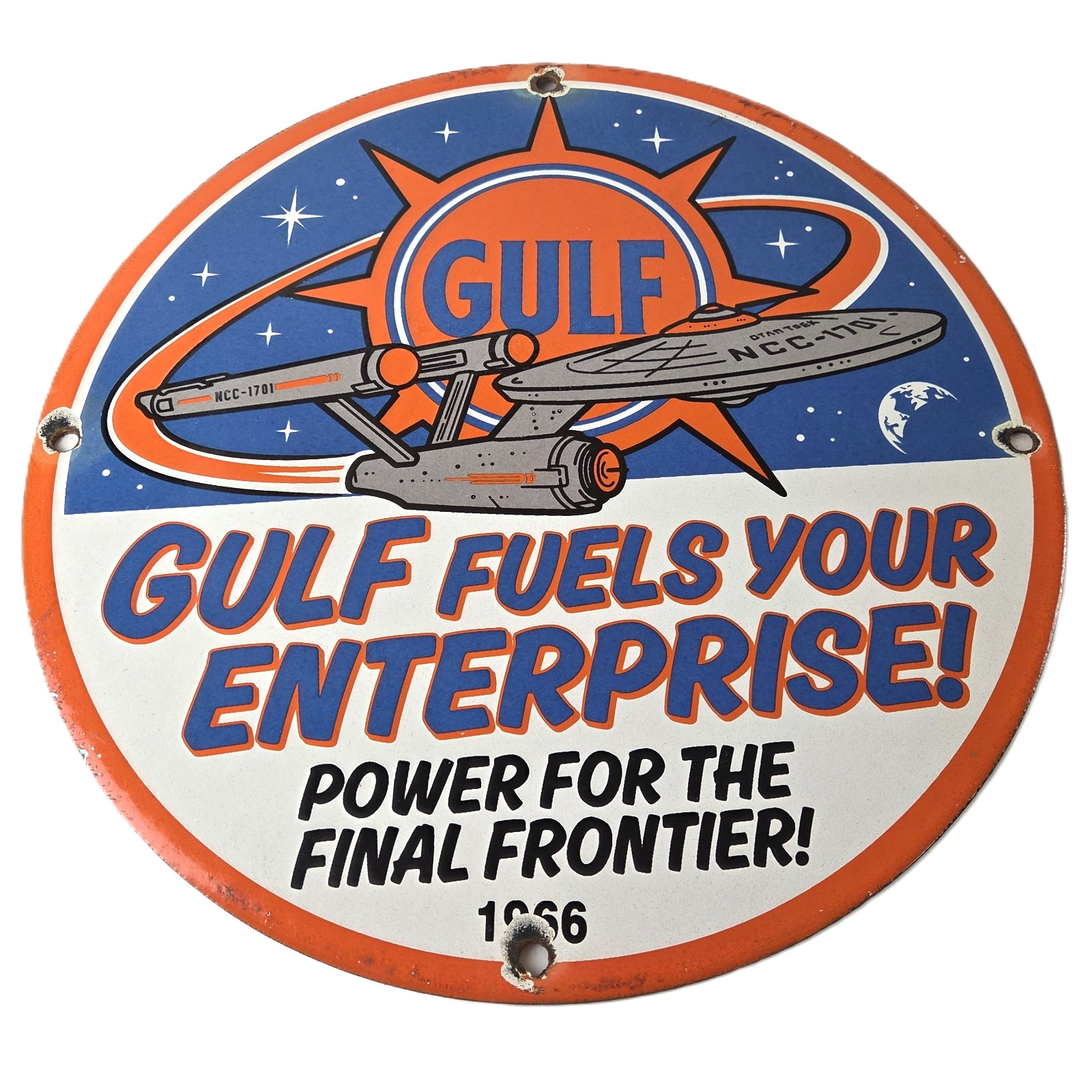Vintage Gulf Gasoline Porcelain Sign - Star Trek Enterprise Gas Station Sign