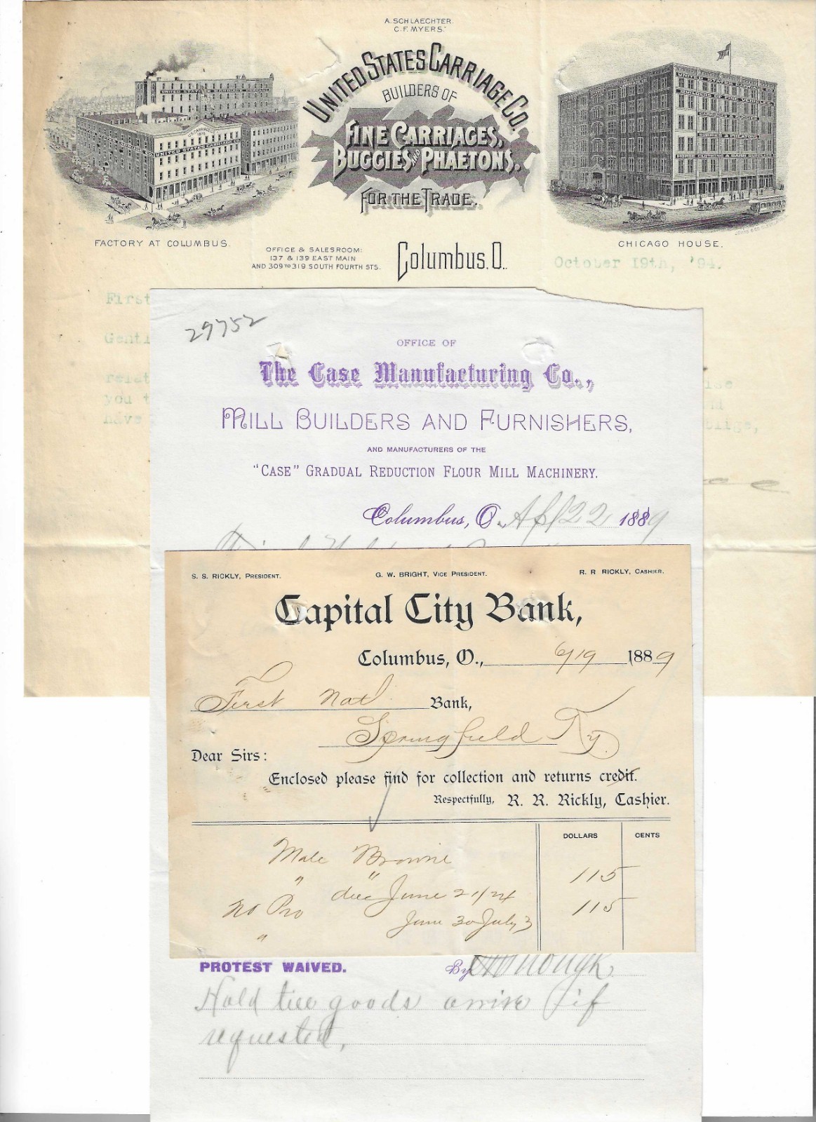 (3) Columbus OH Letterheads: 1889/1894 ~ Case Mfg, Bank, US Carriage
