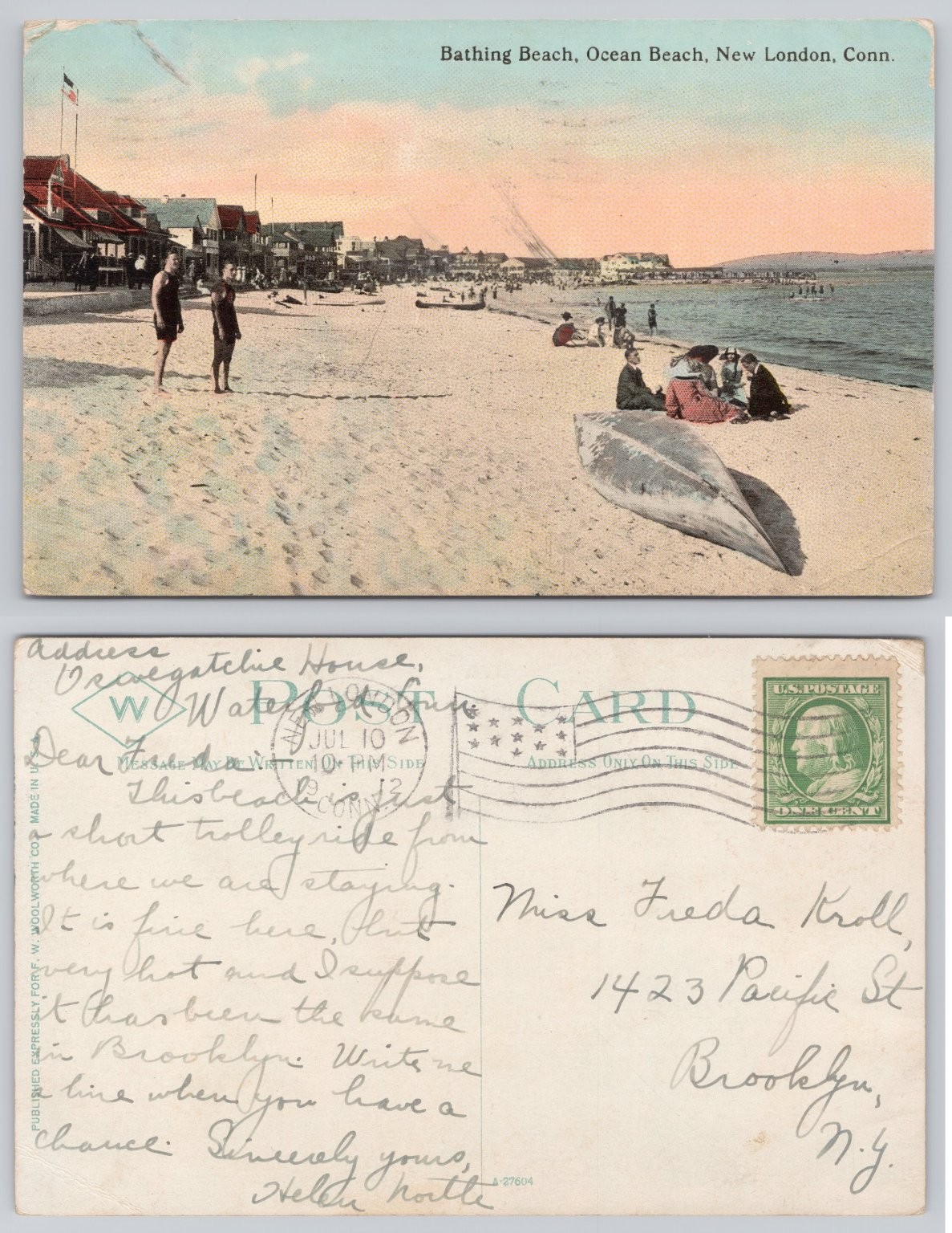 Vintage Bathing Beach Ocean Beach New London CT Postcard 1913 Woolworth
