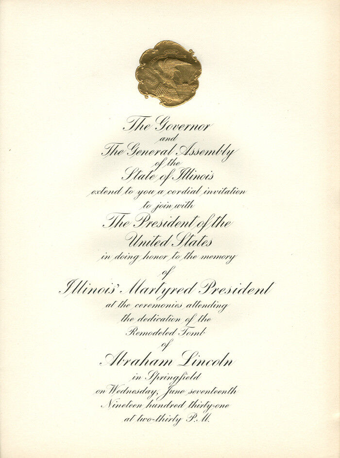 Invitation For Lincoln Tomb Ceremony - Presidential