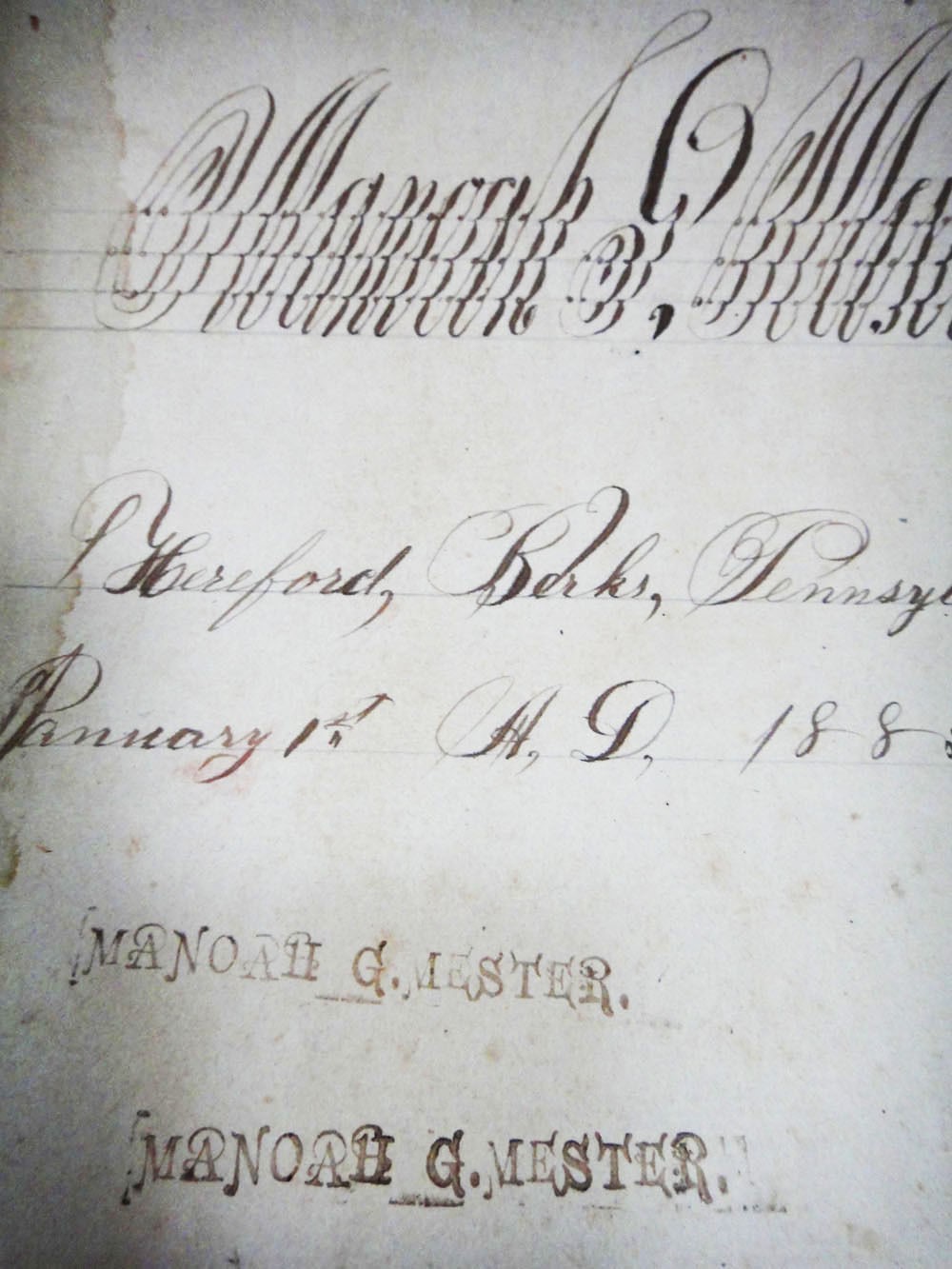 1885 antique FOLK ART MANOAH G.MESTER HANDWRITTEN PENMANSHIP hereford berks pa
