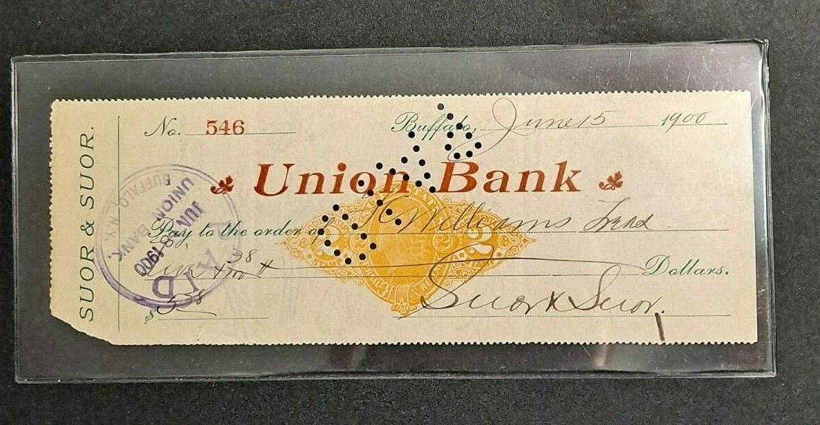 Antique 1900 Union Bank (Suor & Suor) Buffalo New York $5.58 Check - d4071unx