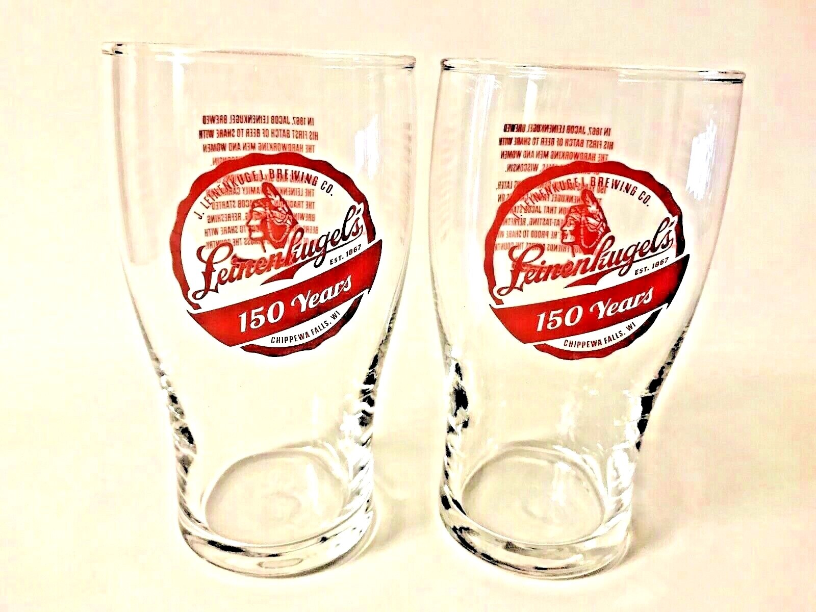 Leinenkugel's 150th Anniversary 16 oz Tulip Glass - Two (2) Glasses - New & F/S