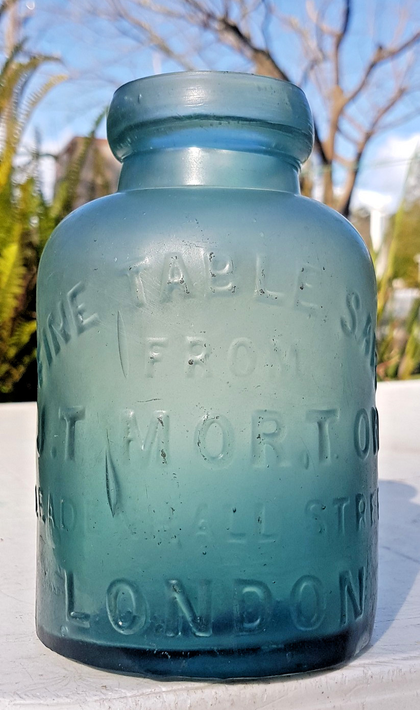 Antique T.MORTON , LONDON , FINE TABLE SALT / PALE BLUE /  OLD BOTTLE JAR 1870's