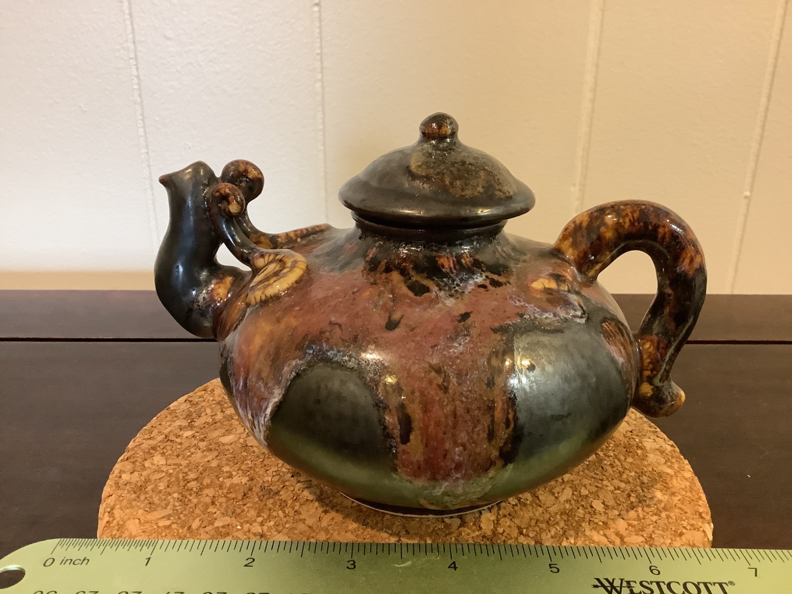 Vintage Chinese Art Pottery Miniature Teapot Multicolor Drip Glaze With Lid