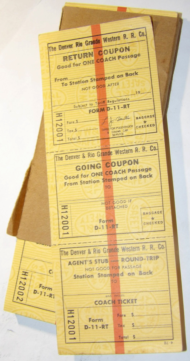 100 UNUSED VINTAGE DENVER & RIO GRANDE WESTERN RAILROAD, DRGW MULTI-PART TICKETS