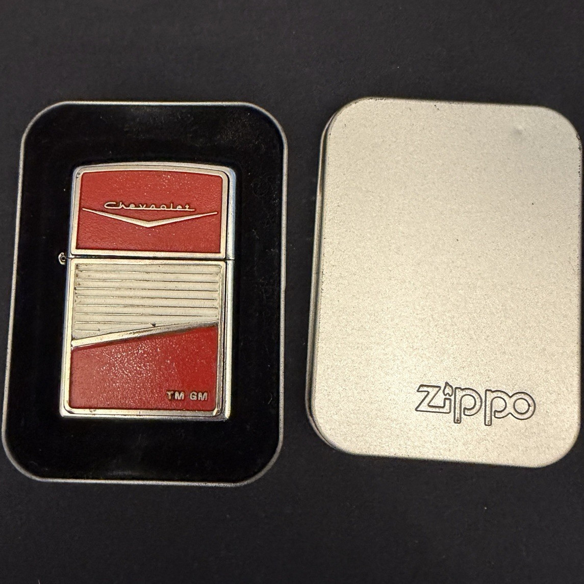 Zippo Lighter – Classic Chevrolet Bel Air Emblem, Red & Chrome, 2004, In Tin