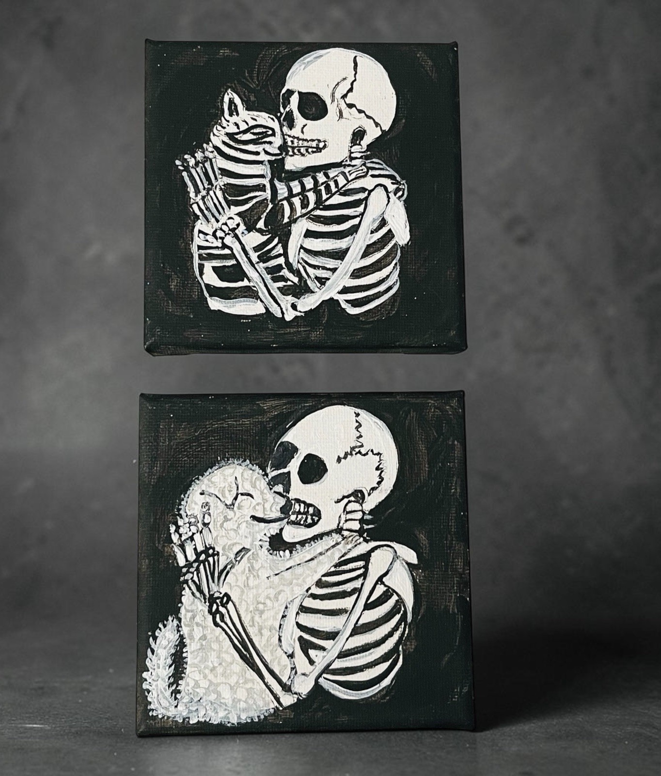 ORIGINAL GOTHIC SKELETON CAT DOG PAINTING SET WHIMSIGOTH ACRYLIC CANVAS 4” x 4”