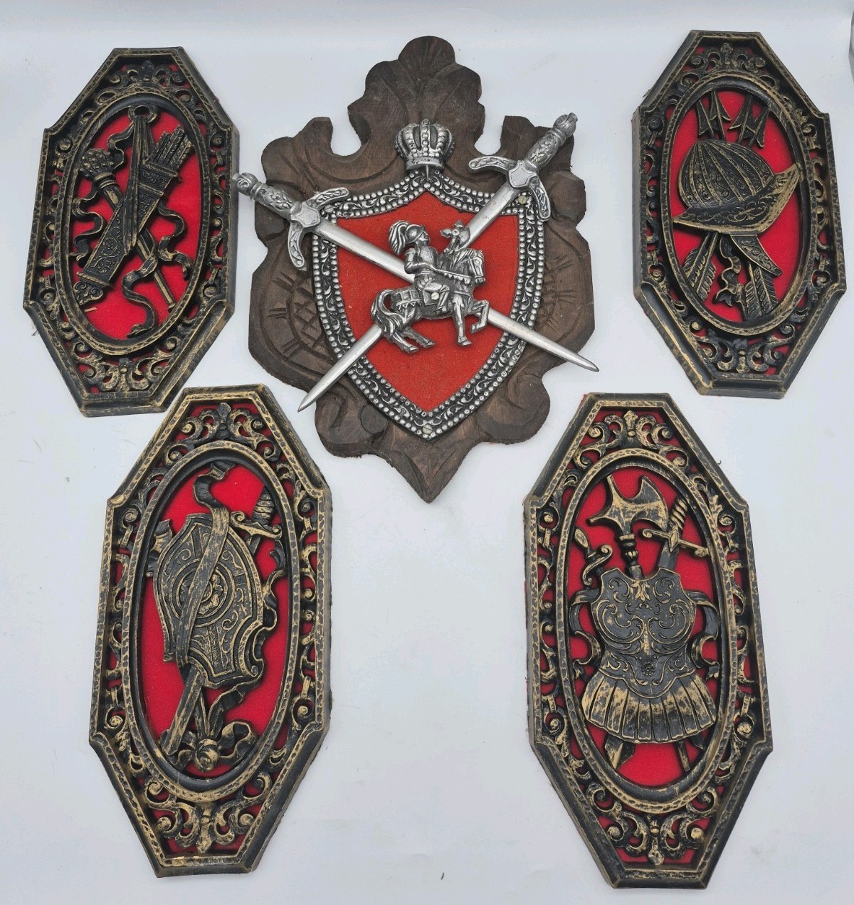 Set of VTG Medieval-Style Wall Plaques Crests, Coat of Arms, & Crossed Swords