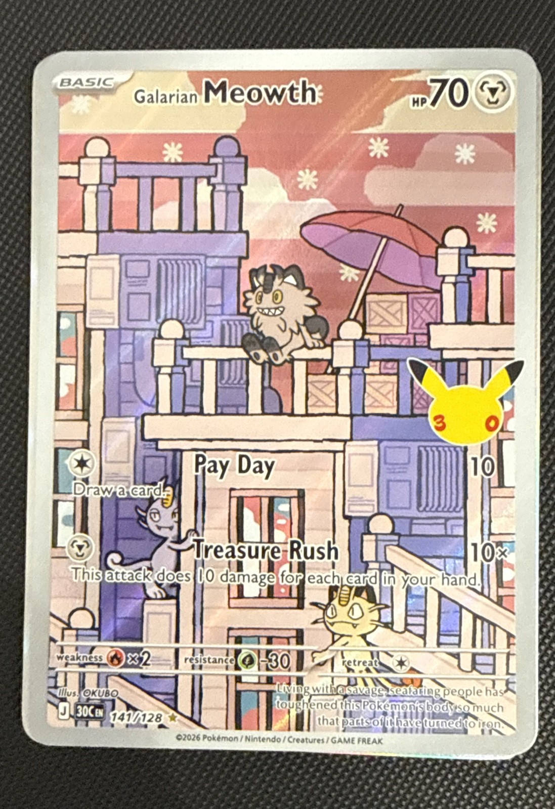 Galarian Meowth 141/128 Me: 30th Celebration Holo excellent condition see photo