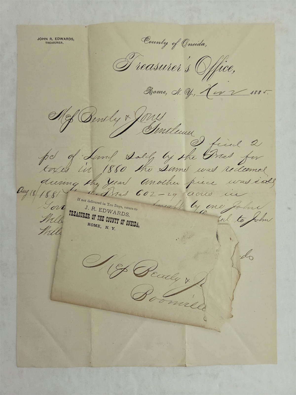 1885 antique ONEIDA COUNTY TREASURER LETTER rome ny LAND TAX SALE John R Edwards