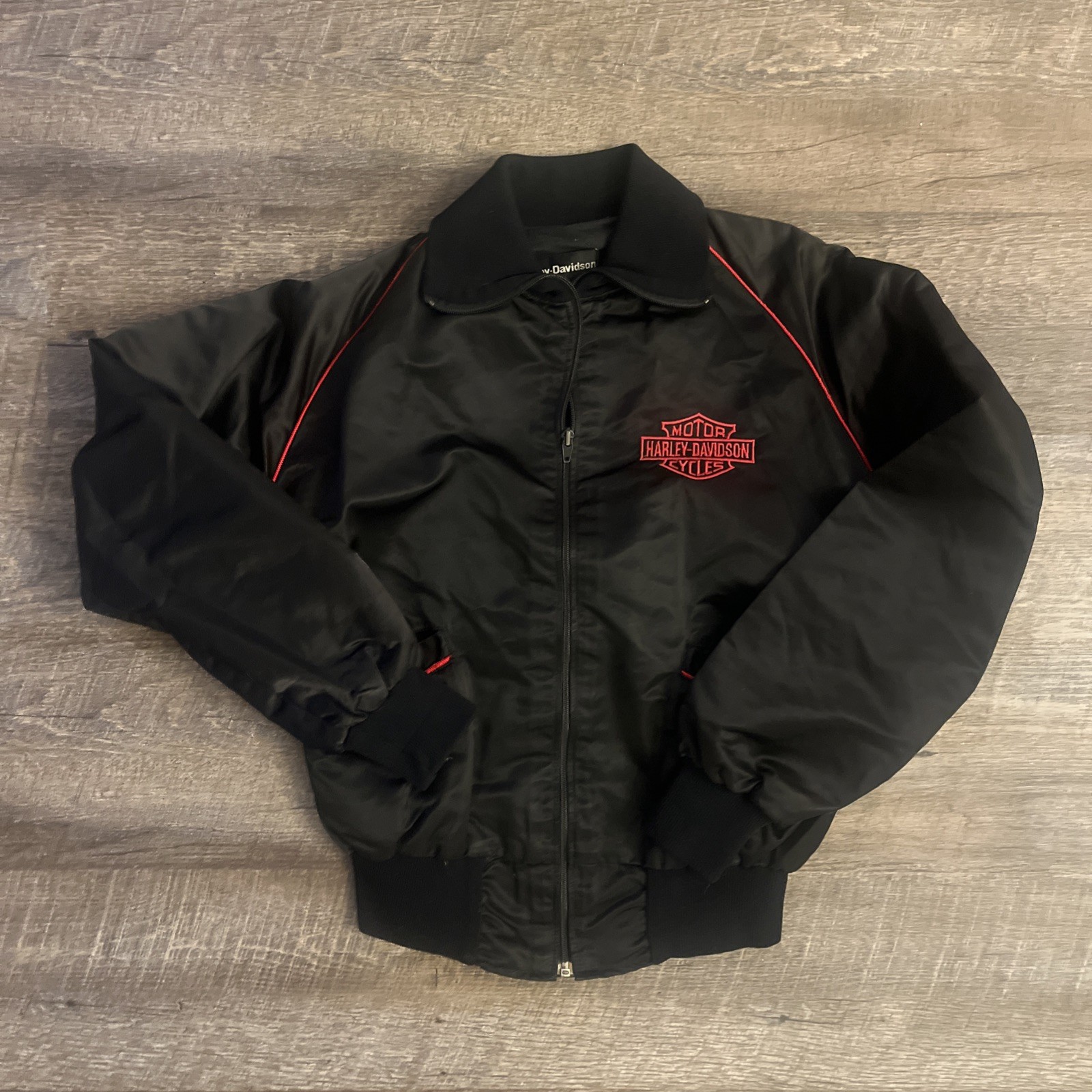 Vtg Large Harley-Davidson Full Zip Riding Bomber Jacket Black Red 70s 80s Small