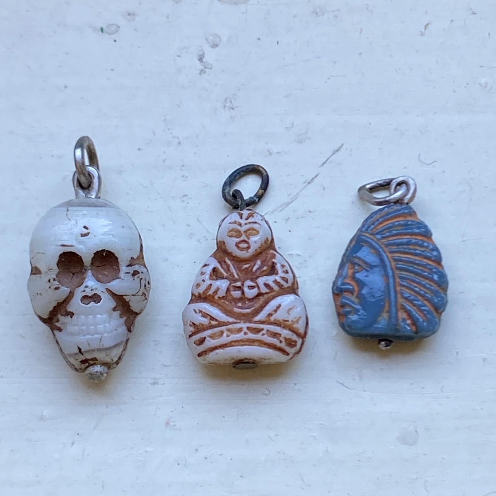 VTG Cracker Jack Charms Skull Native American Chief Buddha Americana Prize Glass
