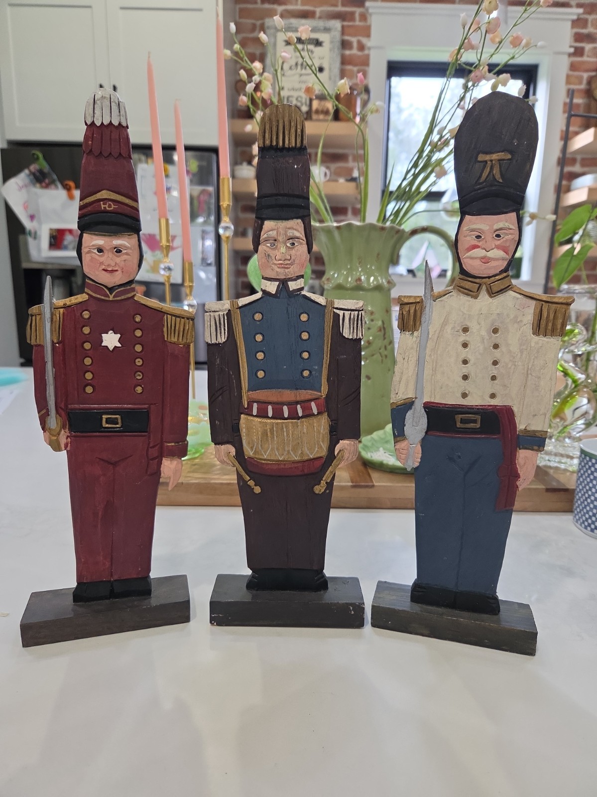 Vintage Set of 3 Aged Hand Carved Wooden Soldiers Christmas Decor Boys Room 14\