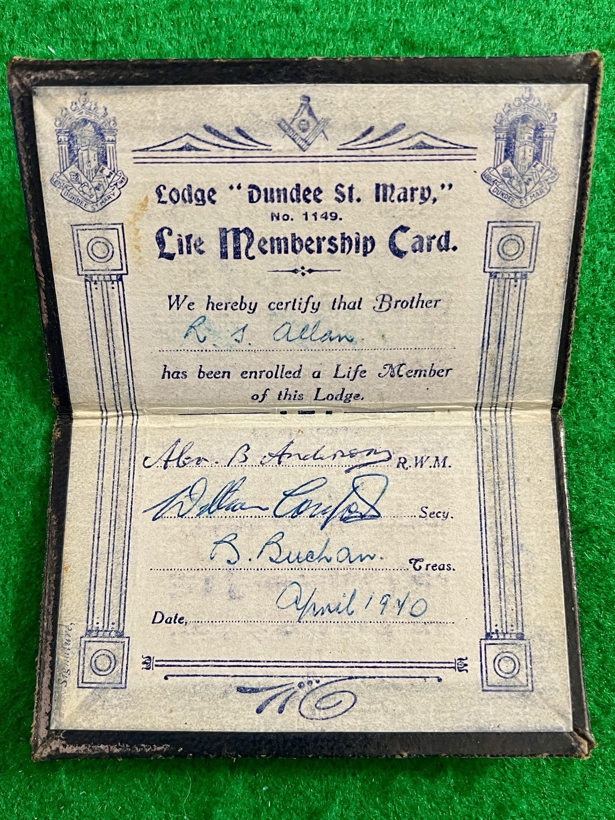 1940 Antique Freemason Life Membership Card SCOTLAND Dundee St Mary Lodge MASONS