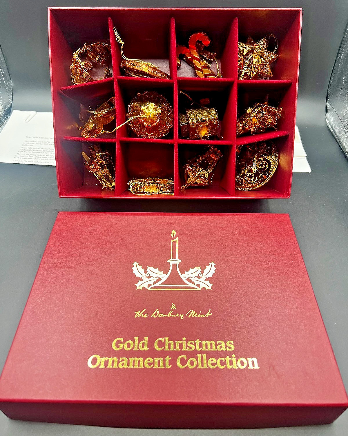 Vintage 2002 Danbury Mint Gold Christmas Ornament Collection w/Box - 12 pc