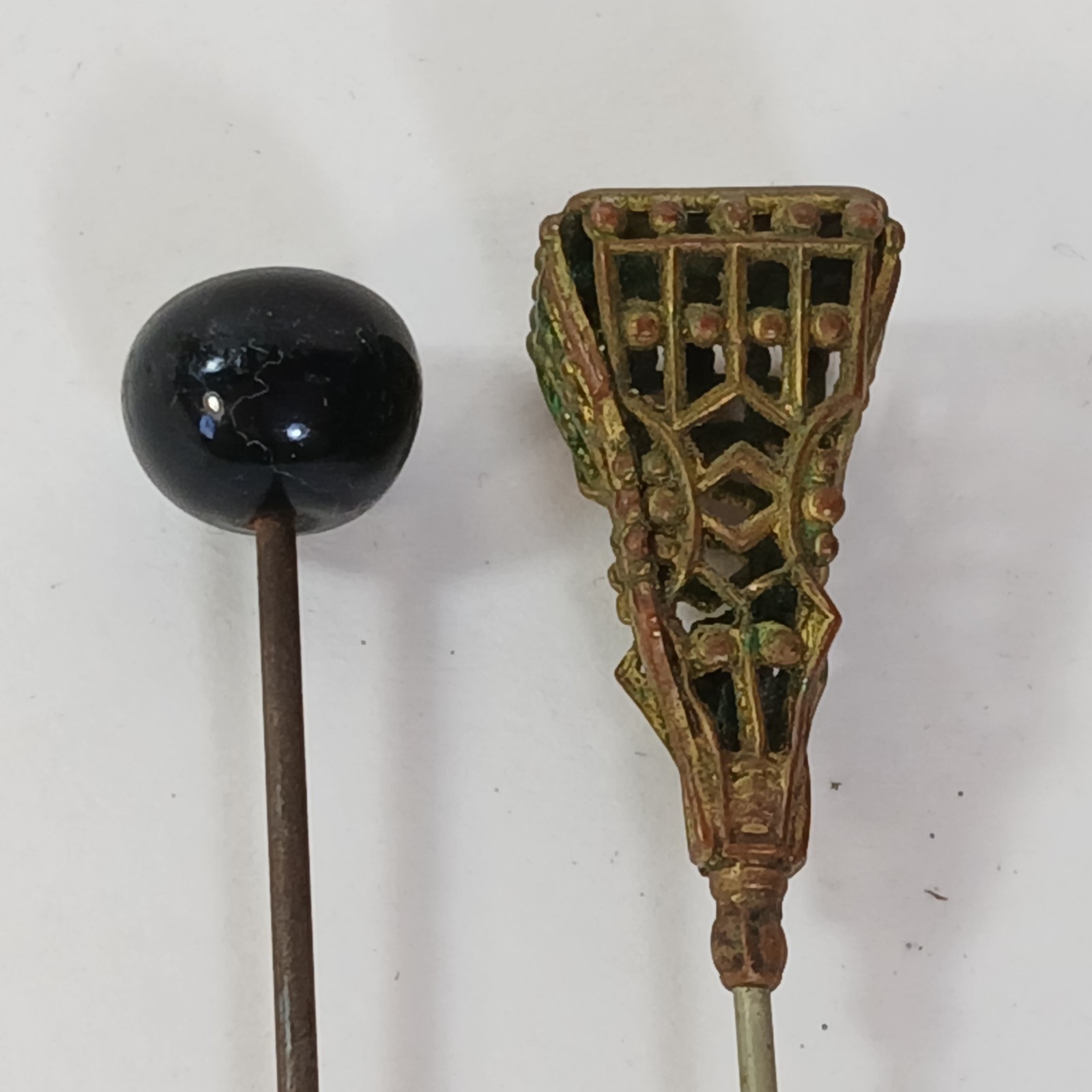 Lot of 2x Antique Hatpin Black & Gold Tone Open Work