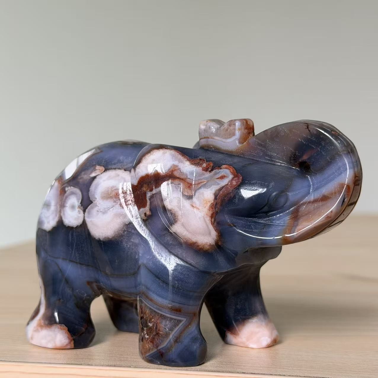 1LB A+Natural Blue Flower Agate Elephant Decor Crystal Healing Carving Gift