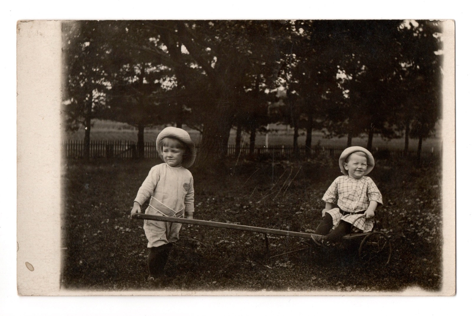 Two Children w/Wagon Playing in a Field Real Photo Postcard RPPC Unposted