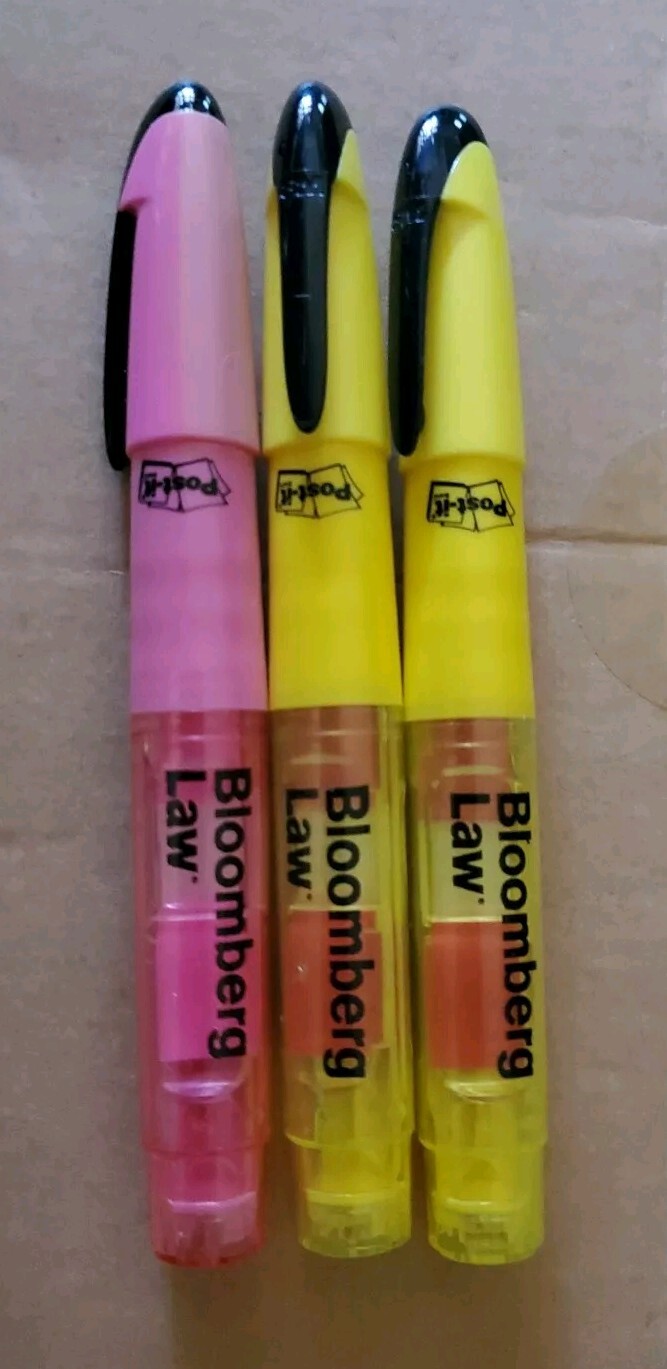3x Bloomberg Law  Yellow/pink  Highlighter Pen with Red Post-It Flags