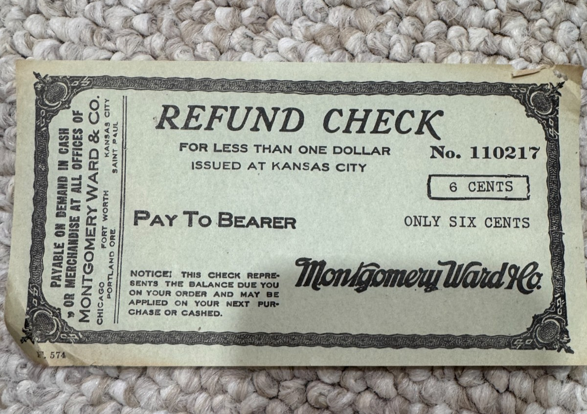 FREE SHIP Montgomery Ward & Co. Refund Check Unknown Year 1960s?