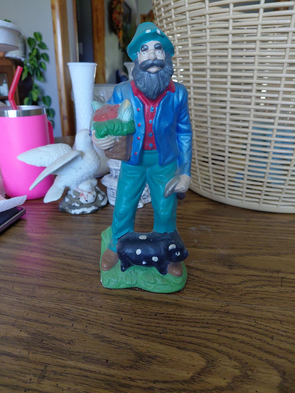 Vintage Hand-Painted Chalkware Farmer Figurine with Pig and Basket