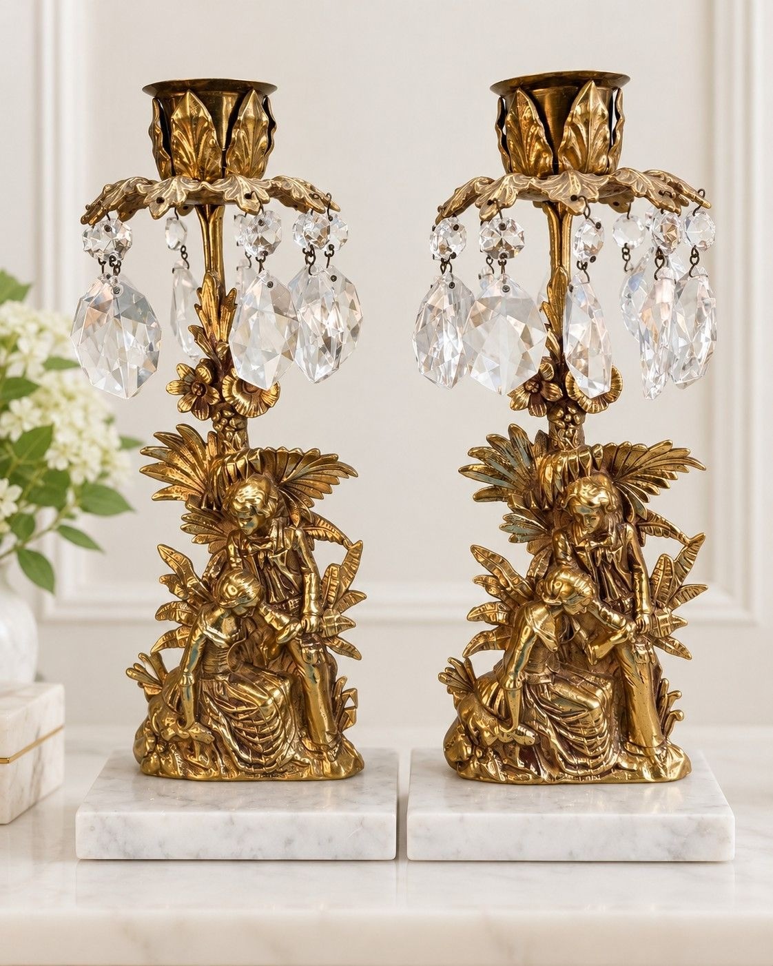 Antique Victorian Figural Brass Girandole Candlesticks Glass Prisms Marble Pair