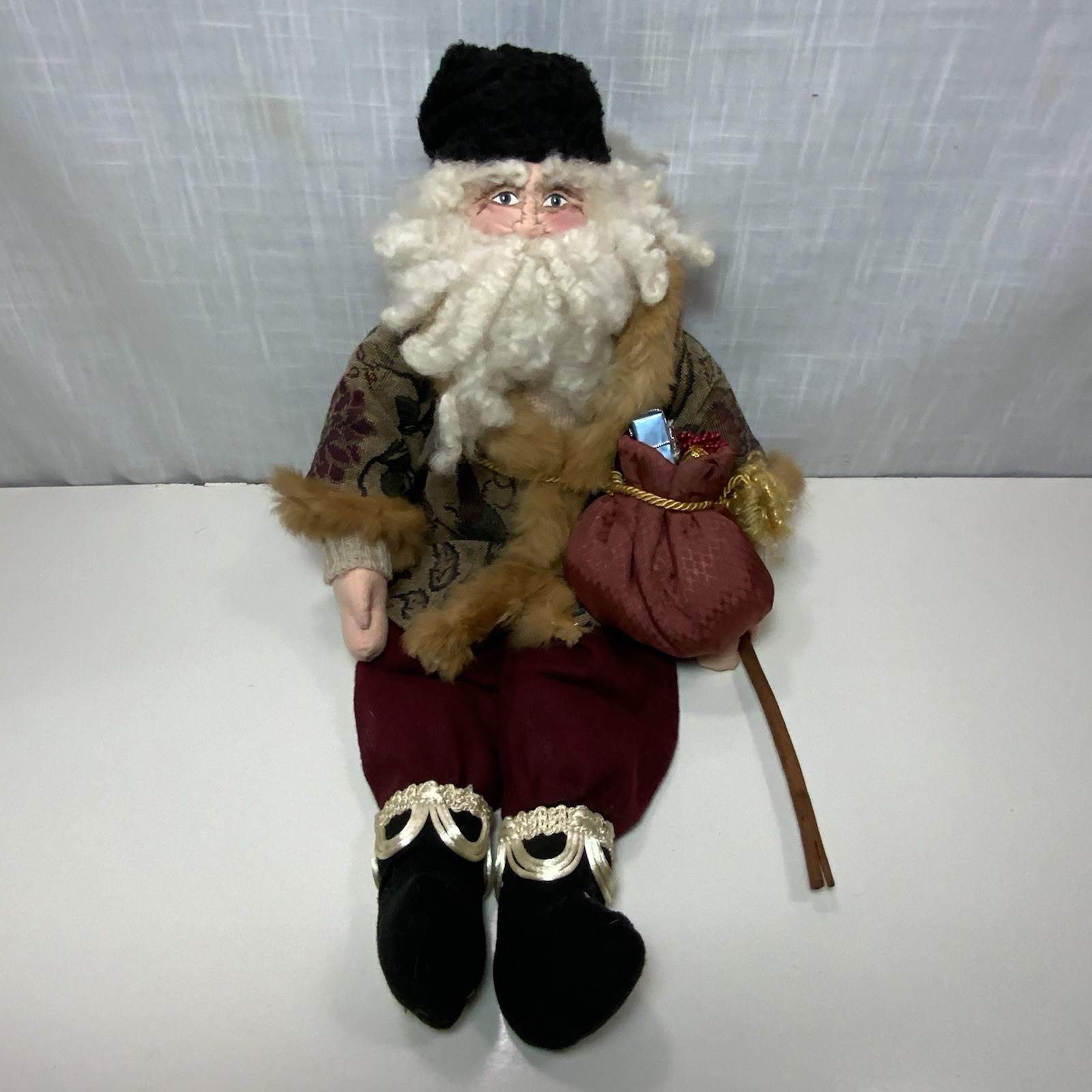 VTG Christmas Santa Old Man Primitive Folk Art Rustic 23 in Real Fur Handmade