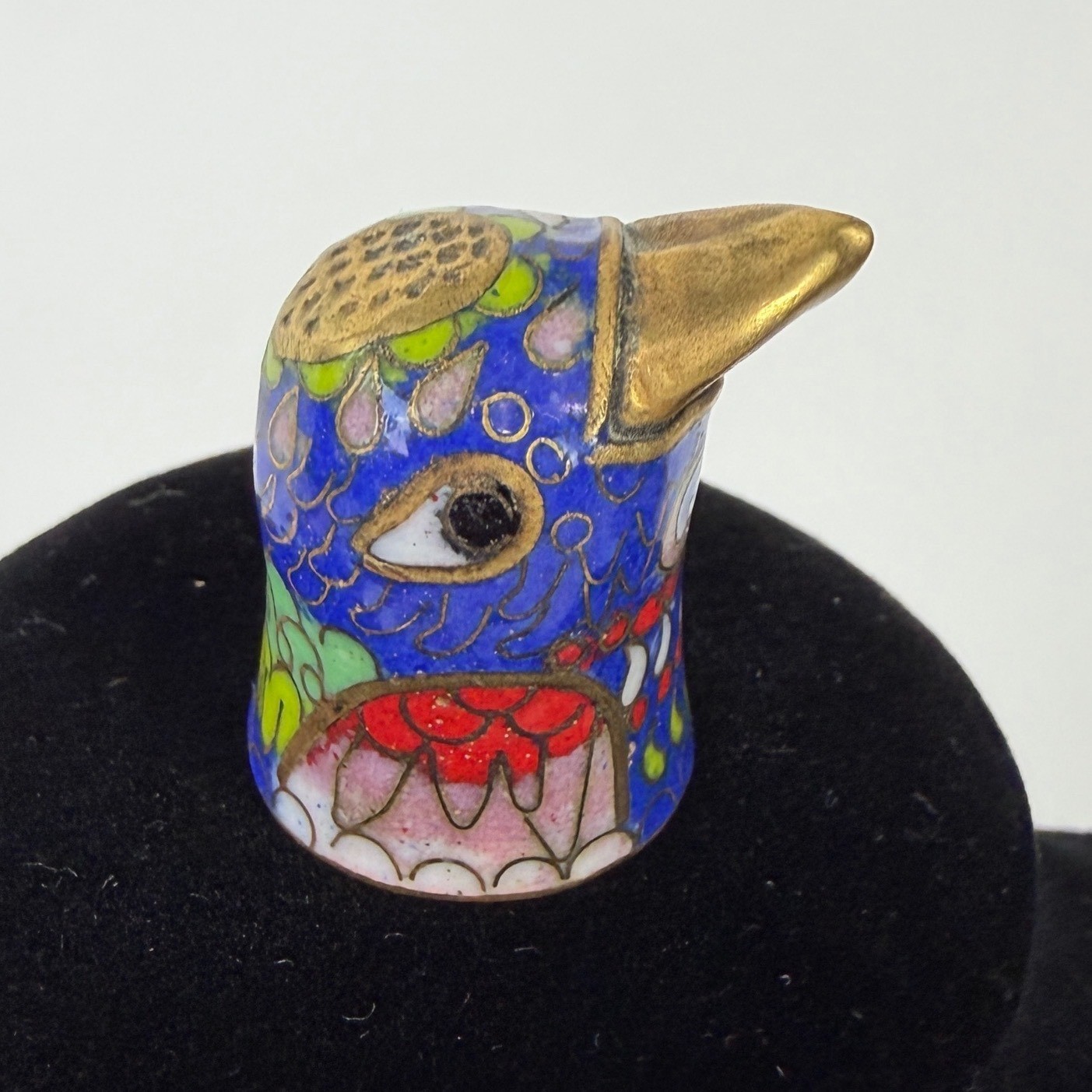 Vintage Chinese Cloisonne Enamel Bird Head Thimble Blue Gold Collectible