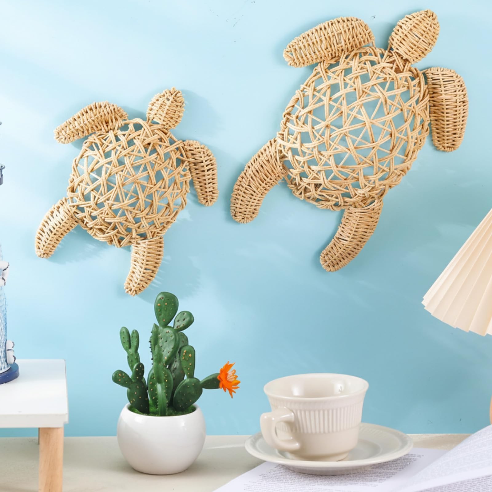 Yousoontic 2 Pcs Semi Stereo Sea Turtle Beach Theme Decor Wicker Coastal Boho...
