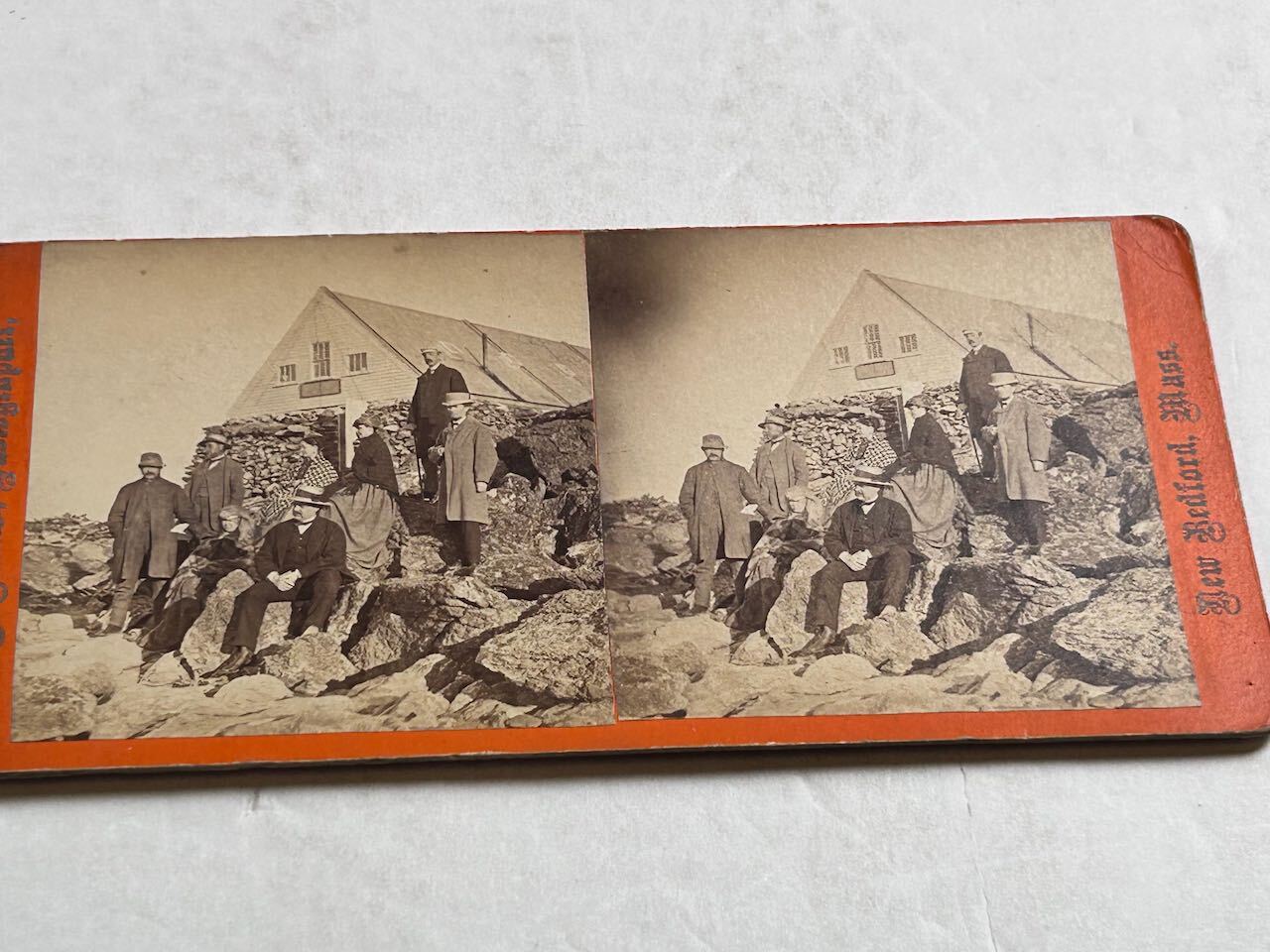 Stereoview Photo People Sitting on Rocks New Bedford MA SF Adams 