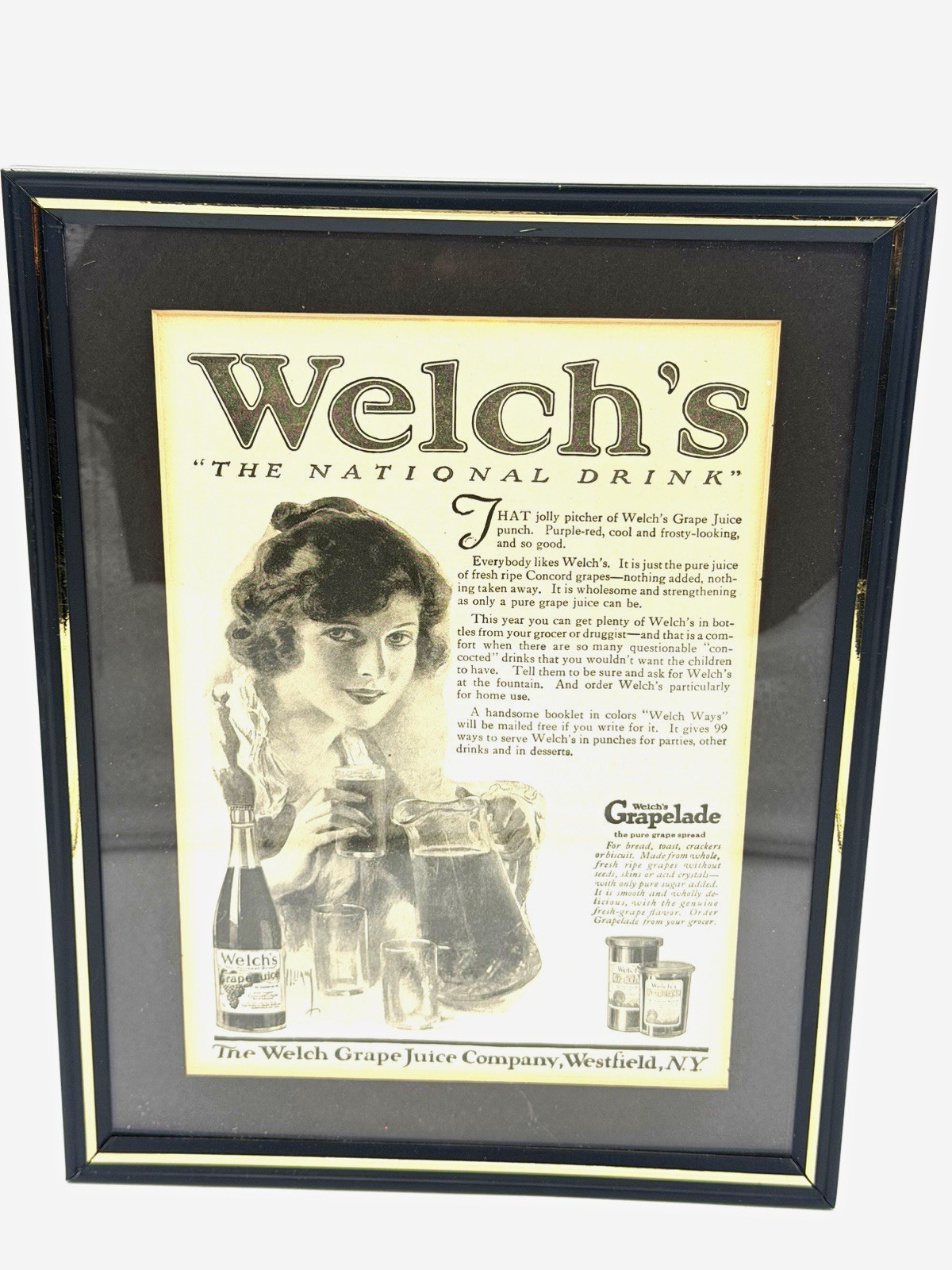Welch’s “The National Drink” Grape Juice Print Ad 1910-1919 B/W, BIN #57