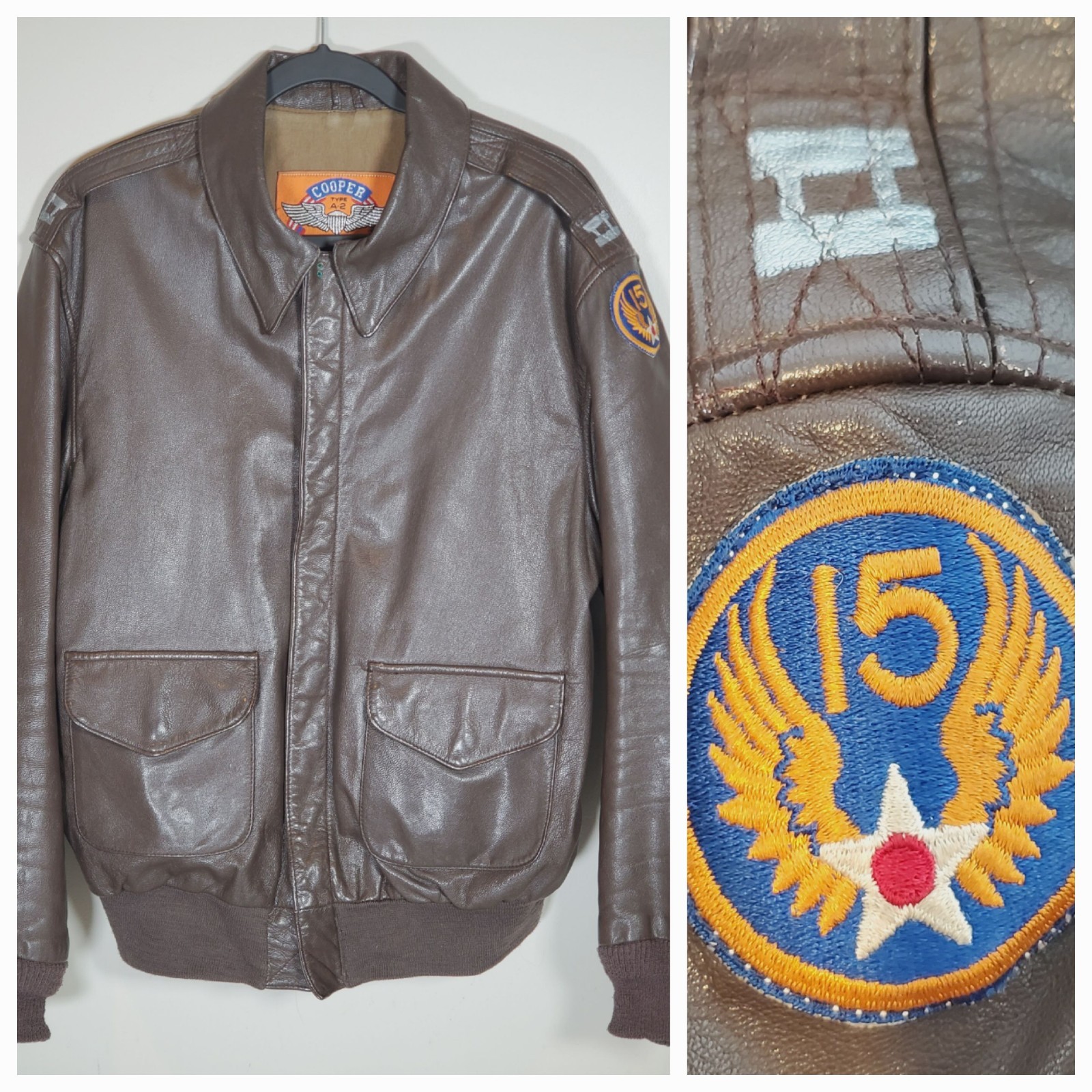 VTG Cooper Type A-2 Leather Flight Jacket 15th US Army Air Force Patch Size 42 L