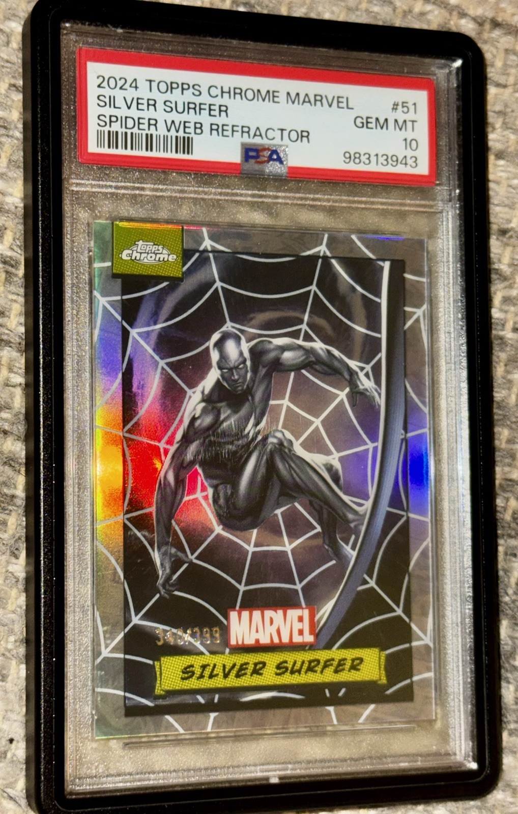 2024 TOPPS CHROME MARVEL SILVER SURFER SPIDER WEB REFRACTOR /399 PSA 10 LOW POP
