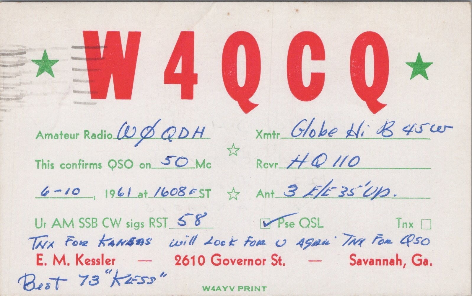 vintage amateur ham radio QSL postcard W4QCQ E.M. Kessler 1961 Savannah Georgia