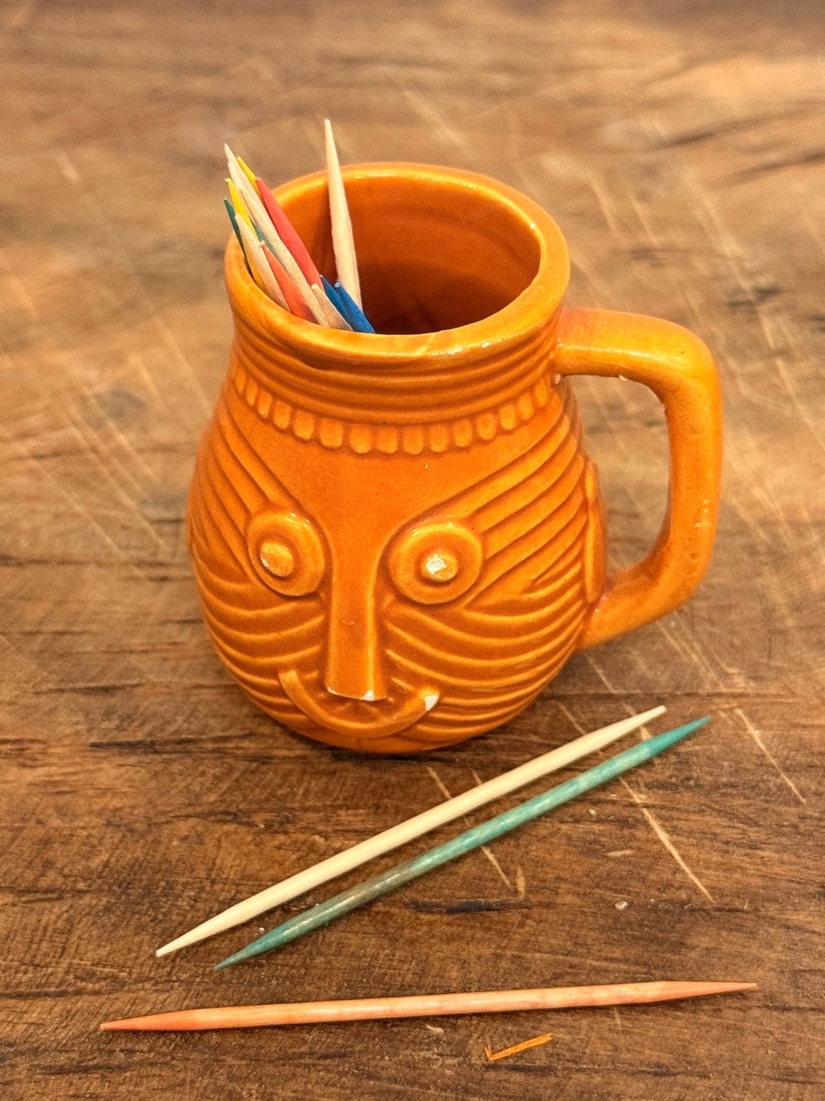Vintage Orange Tiki Face Mug Toothpick Holder Japan