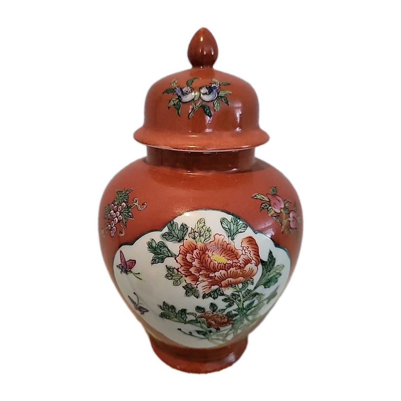 Vintage Porcelain Canton Ware Japan Hand Painted Floral Ginger Jar 