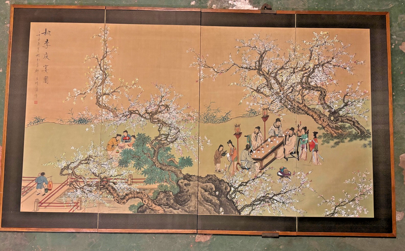 Chinese (Pingfeng) Silkscreen Hand Painted Cherry Blossoms 1900’s Asian 60”x 35”