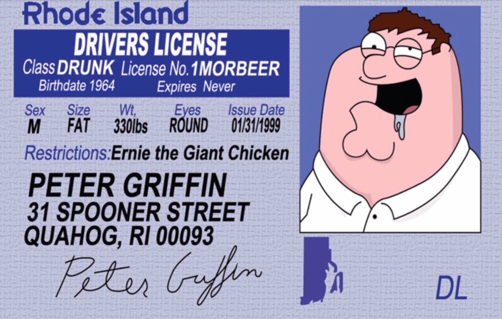 Peter Griffin of Family Guy Drivers License on a 3.5” X 2.5” Refrigerator Magnet