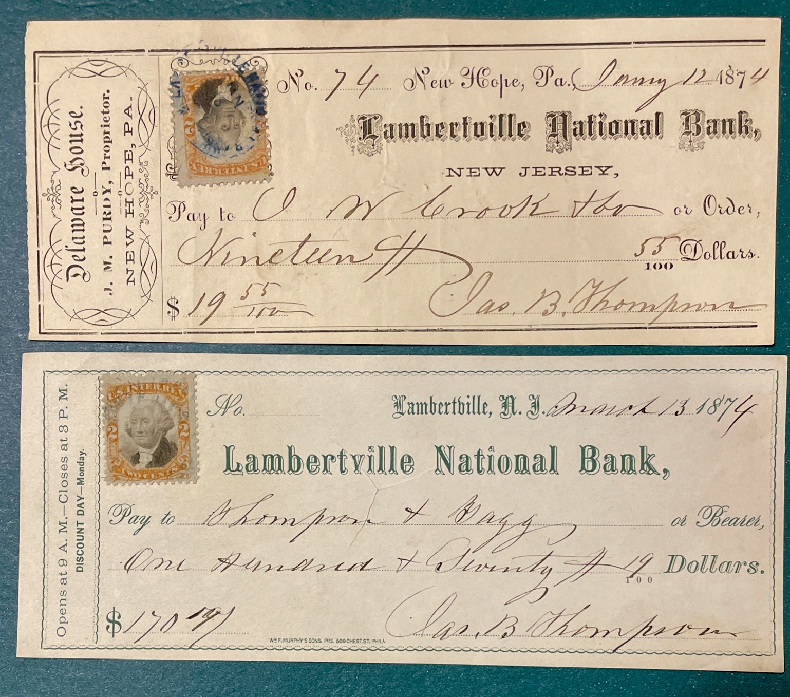 (2) 1874 Lambertville, New Jersey ￼R135 Revenue Check National Bank Bridge St