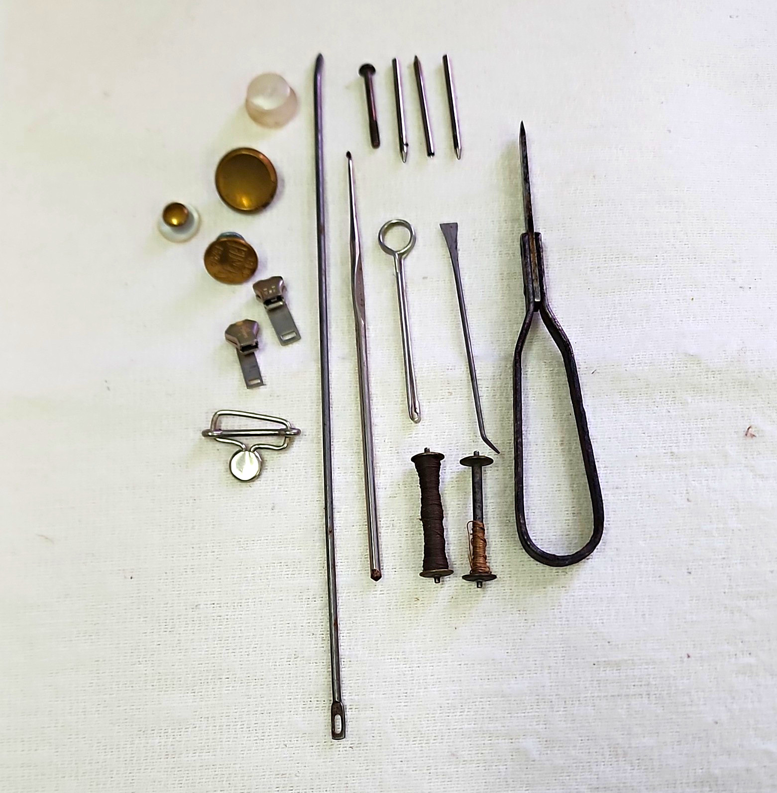 Boyd Vintage Sewing Notions Lot: Buttons, Victorian Brass Bobbins, Needle, Tools