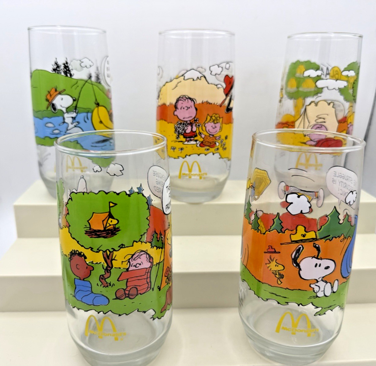 Vintage 1983 McDonalds Camp Snoopy Glasses Complete Set of 5 Peanuts Excellent