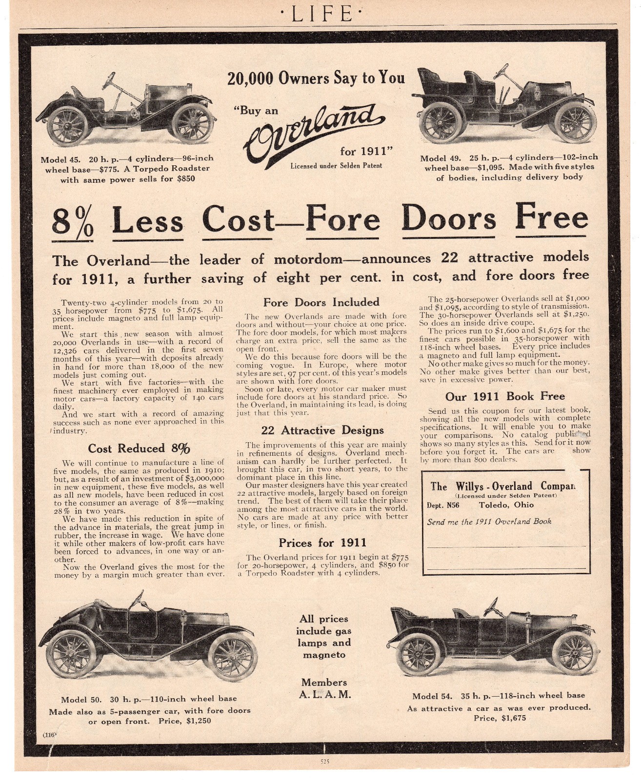 1910 Overland Brass Era Pre WWI Automobile Ad Willys Overland Company Toledo Ohi